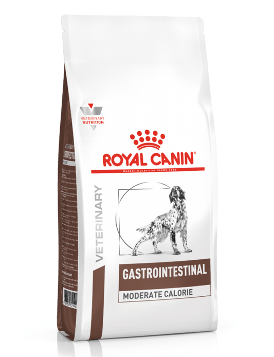 Royal Canin Veterinary Gastrointestinal Moderate Calorie dog food bag on a white background